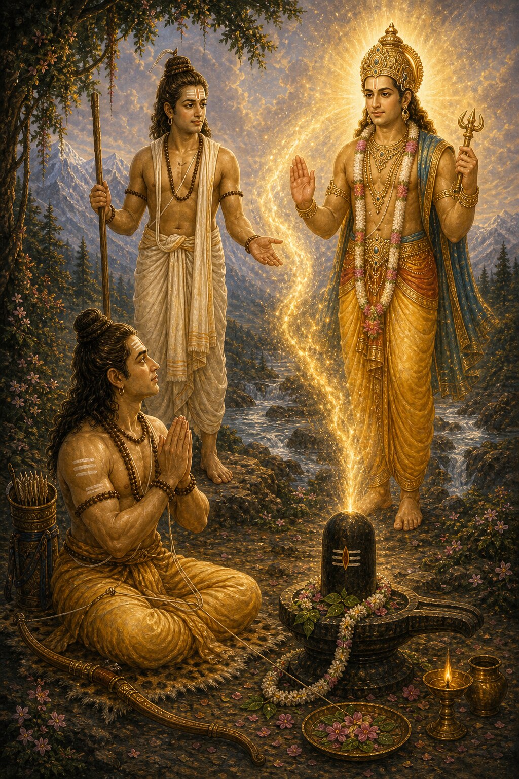 In the guise of a celibate brahmana student, Indra stands testing Arjuna; on the right he appears in his true form as king of the gods, crowned and adorned with ornaments, raising a hand in blessing, while Arjuna kneels with his palms joined.