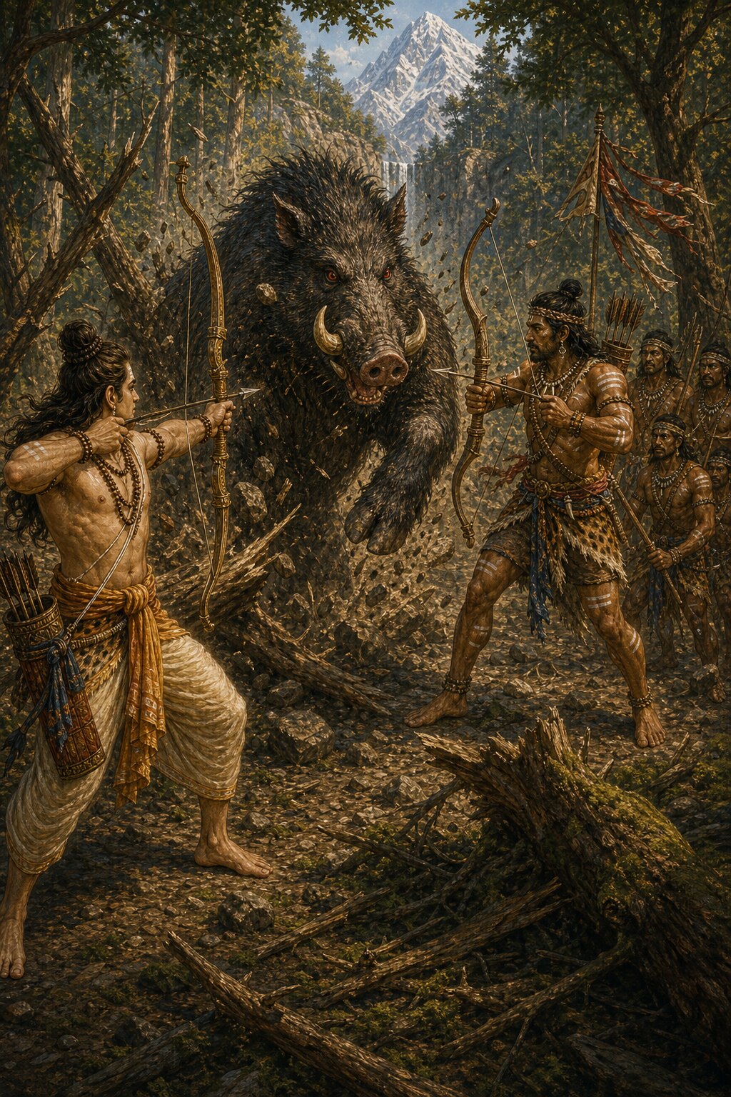In the forest the huge black boar Muka has reared up between two archers: on the left Arjuna draws his bow, and on the right Shiva, in the guise of a dark hunter, draws his bow alongside his ganas.