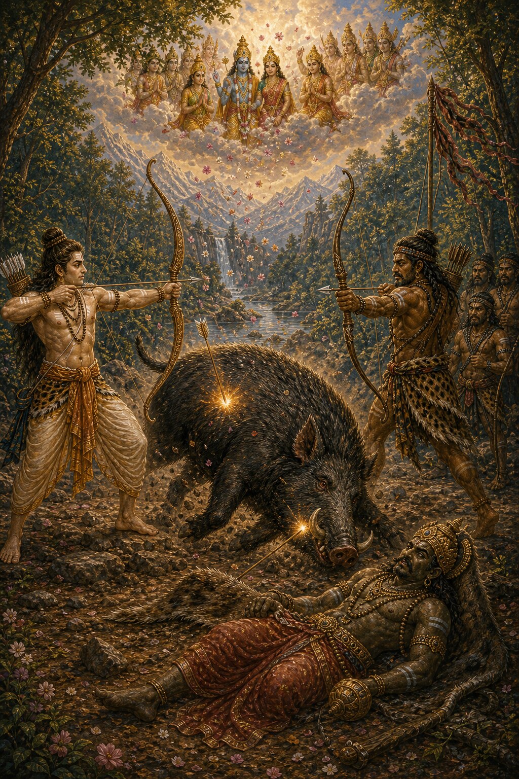 Arjuna and the dark hunter Shiva loose their arrows in the same instant at the falling boar; below, its hidden crowned demon form lies revealed, and in the sky the gods rain down flowers.