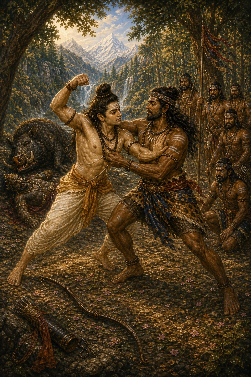 Arjuna and Shiva, the dark Bhilla hunter, are locked in a fierce wrestling match; the hunter calmly bears his devotee's blows, the ganas stand watching, and behind them lies the dead boar.