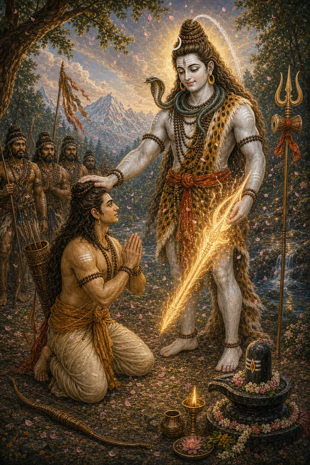 In his true ash-fair form, with the crescent moon, a third eye, and a serpent, Shiva rests one hand on the head of the kneeling Arjuna and with the other bestows the blazing Pashupata weapon; flowers fall, and the ganas look on.