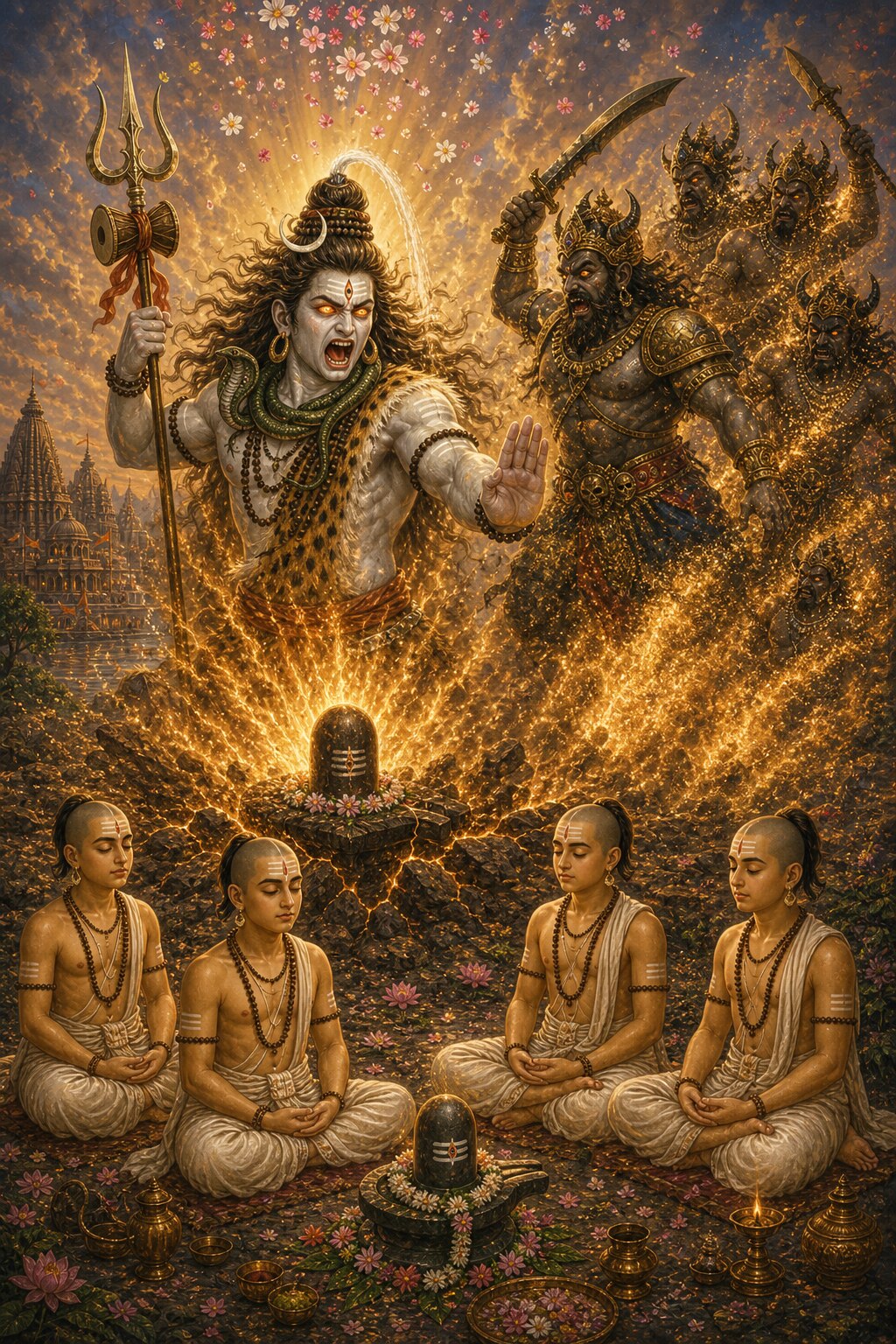 Before the clay shivalinga four young brahmanas sit fearless and absorbed in meditation, when Shiva, splitting the earth open, appears roaring in his fierce Mahakala form bearing the trident and the damaru drum, and Dushana with his sword raised and his demons dissolve into golden sparks while flowers rain down from the sky.