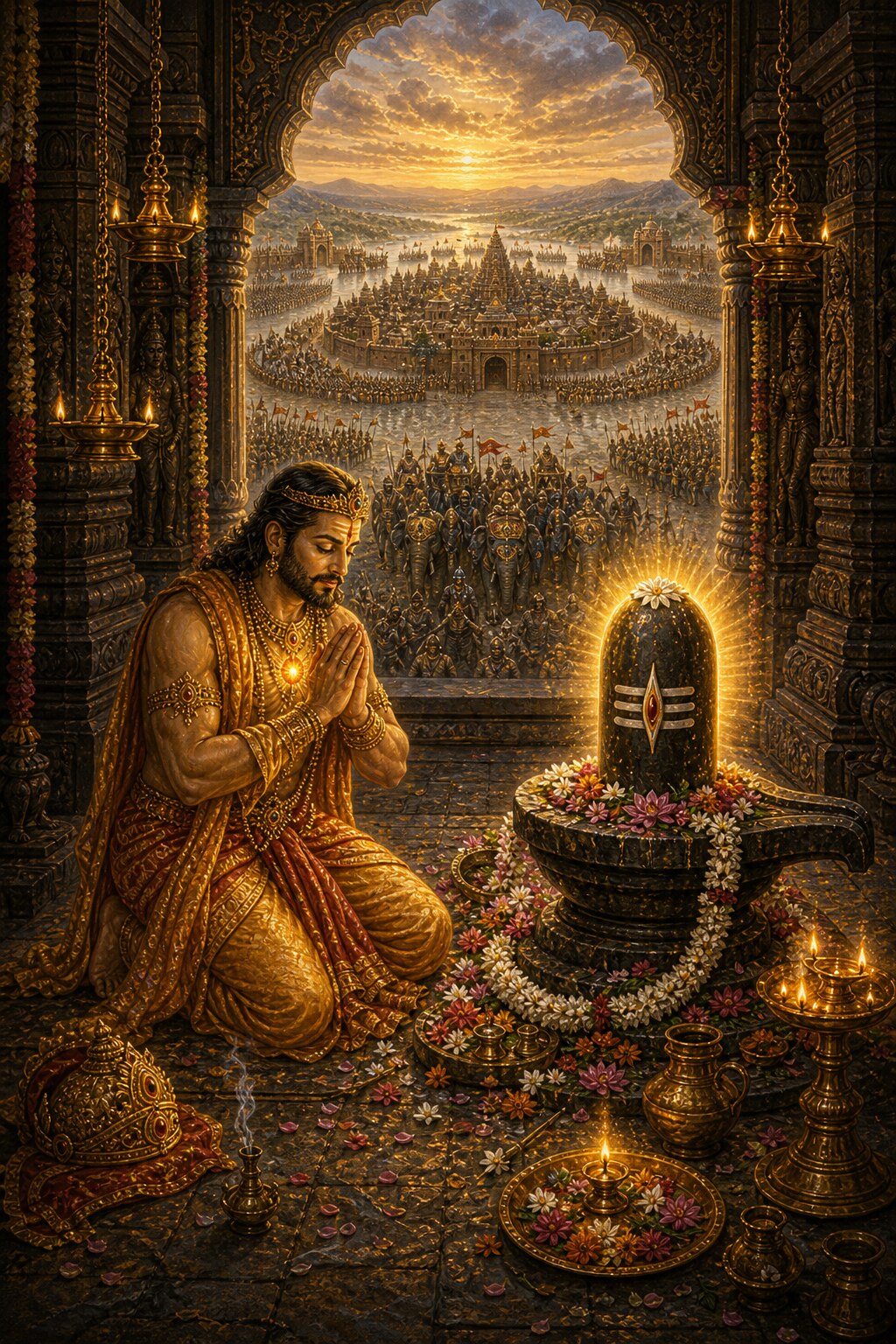 In the temple of Mahakaleshwara, King Chandrasena has removed his crown and wears the shining Chintamani on his chest, worshipping with reverence, hands folded, offering flowers and a lamp, while through the temple archway one can see the fourfold armies of the enemy kings besieging the four gates of the city.