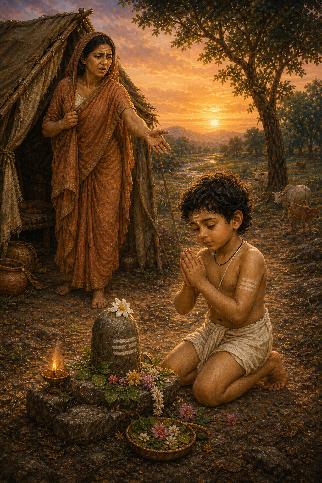In a lonely place a five-year-old cowherd boy takes an ordinary stone for a shivalinga and worships it with devotion using leaves, flowers, and a tiny lamp, while from the camp his widowed cowherd mother, anxious, comes with her hand outstretched to call him back, and all around lies the golden glow of dusk.