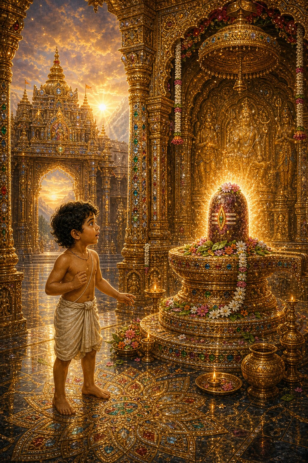 The cowherd boy, waking from his faint, stands frozen in wonder as he sees his humble camp transformed by Shiva's grace into a jewel-encrusted temple of Mahakala, where the floor is inlaid with crystal, the pillars are gold, and at the center the offerings he made are arranged upon the jewel-studded linga.