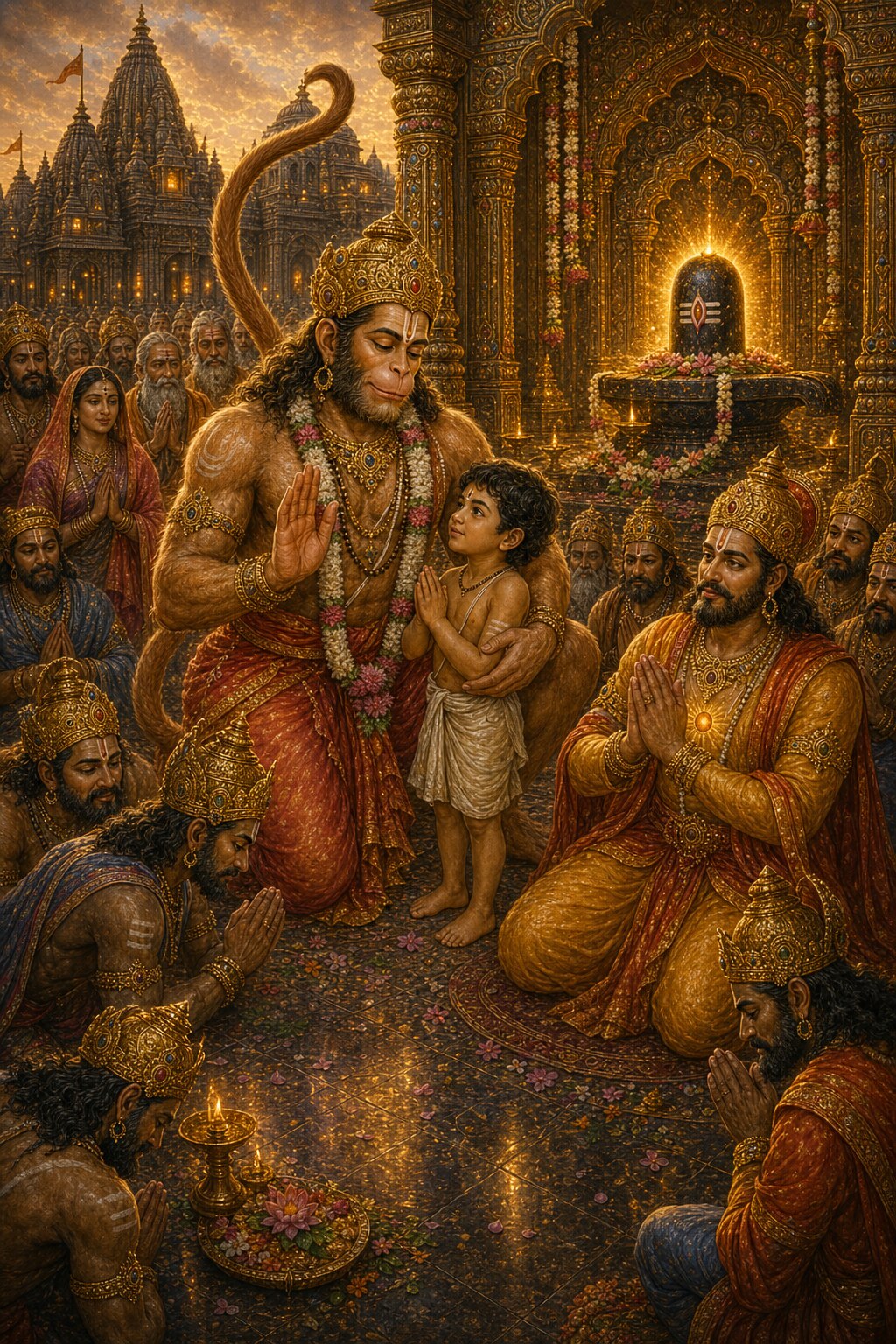 The radiant monkey-king Hanuman stands holding the cowherd boy Shrikara to his heart with one hand raised in blessing, while King Chandrasena, wearing the glittering Chintamani on his chest, and the other kings, who have given up their enmity, bow their heads in homage before the shining temple.