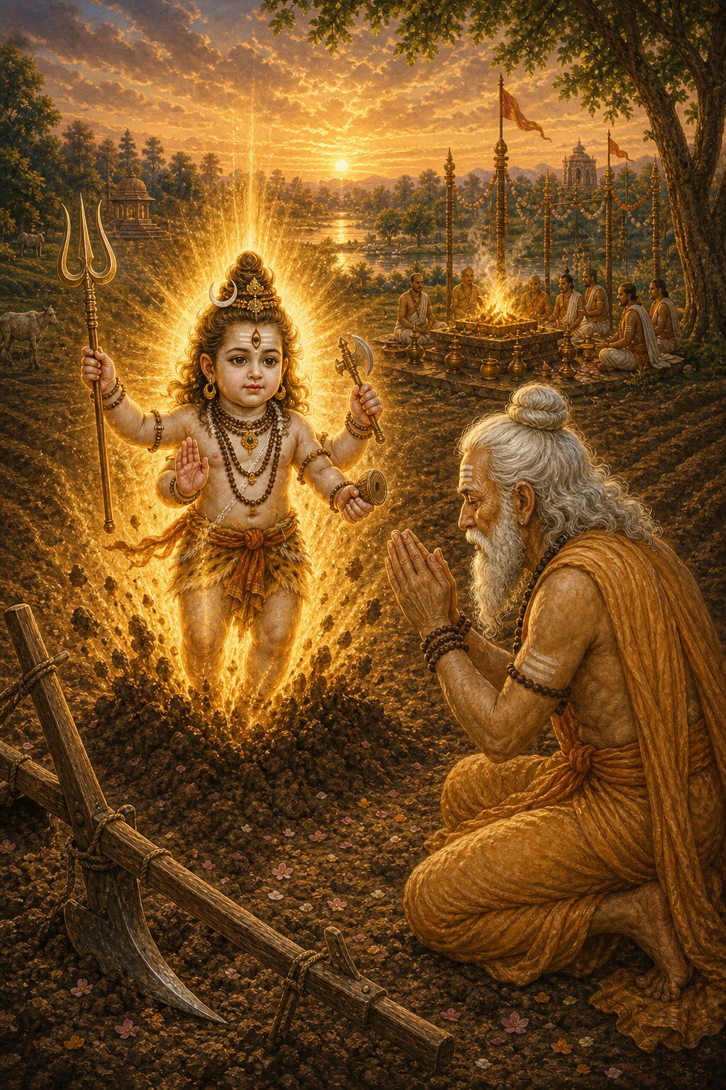 Before Shilada, who is plowing the sacrificial ground, the infant Nandishwar rises from the turned earth in the form of Rudra: three eyes, four arms, a crown of matted hair, holding trident, battle-axe, and damaru drum, scattering a radiance like the fire of dissolution, while the aged sage folds his hands and bows in wonder.