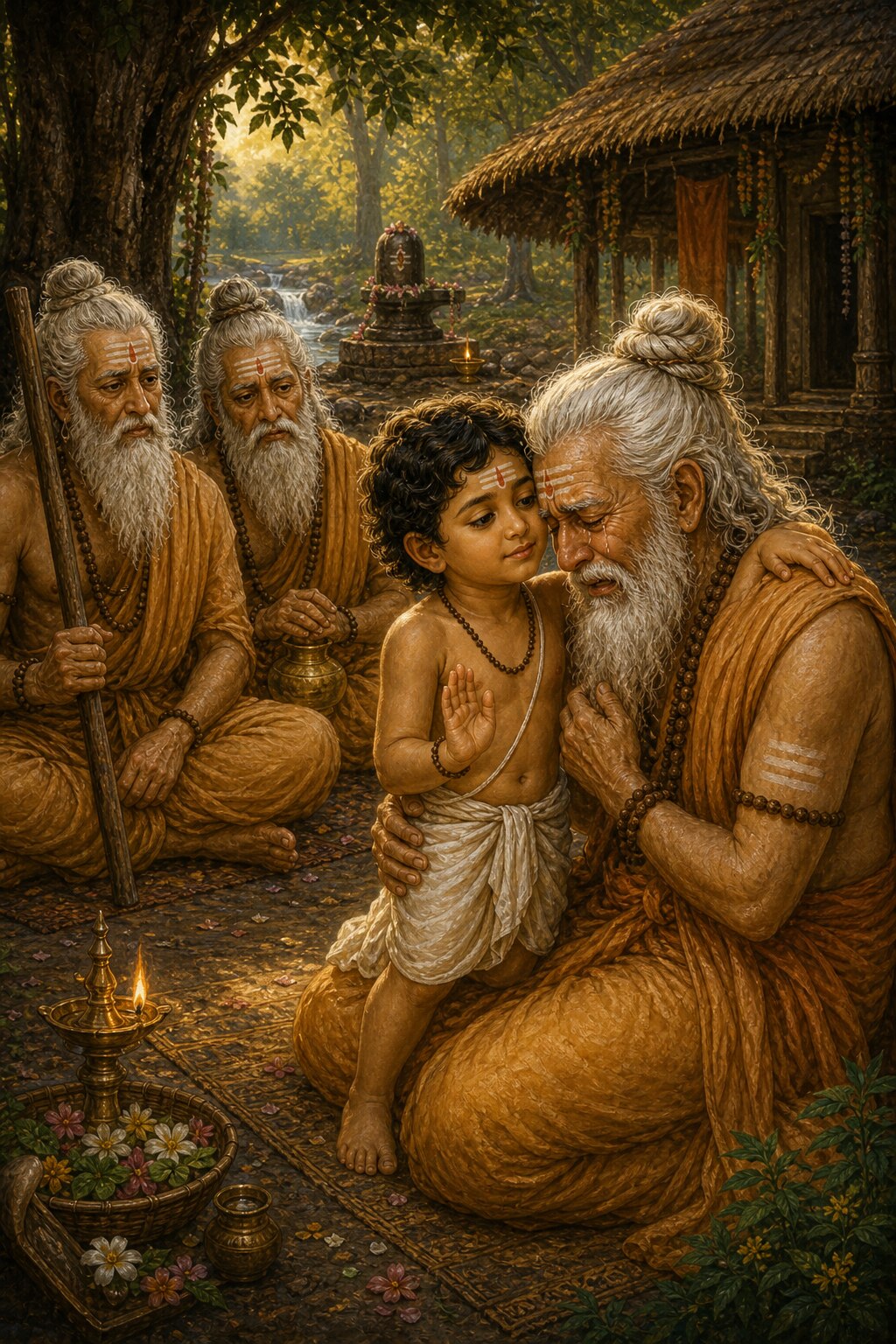 In the hermitage the two aged sages Mitra and Varuna sit grave and still; the white-haired Shilada holds the human child Nandi to his chest and sheds tears; and the boy, hearing the news of his short life, stays calm and raises one hand to comfort his father.