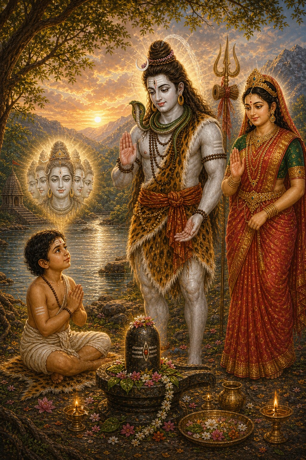 On the holy northern bank of a river, the boy Nandi in human form sits absorbed in meditation with folded hands; within his heart shines the luminous image of the five-faced Sadashiva; and Shiva, pleased and white with sacred ash, appears in a blaze of light with Uma and raises his hand to grant a boon.