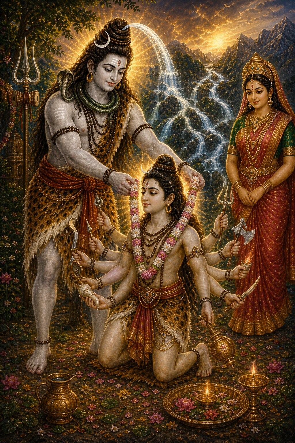 With his own hands Shiva places the lotus head-garland around the neck of Nandi, who kneels before him, and Nandi becomes a radiant youth like a second Shankara, with three eyes and ten arms; behind them the water from Shiva’s matted hair divides into five rushing rivers, and the golden-hued Uma looks on with affection.