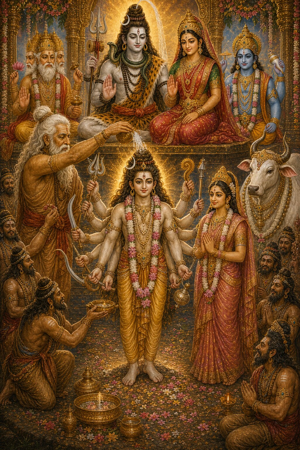 Before Shiva and Uma seated on their throne, Shilada consecrates with water the youth Nandishwar, who has three eyes and ten arms; nearby stands the divine bride Suyasha, three-eyed, with folded hands; the four-faced Brahma and the dark-blue Vishnu give their blessing; and to one side stands the white bull, the mount of Shiva and Uma.