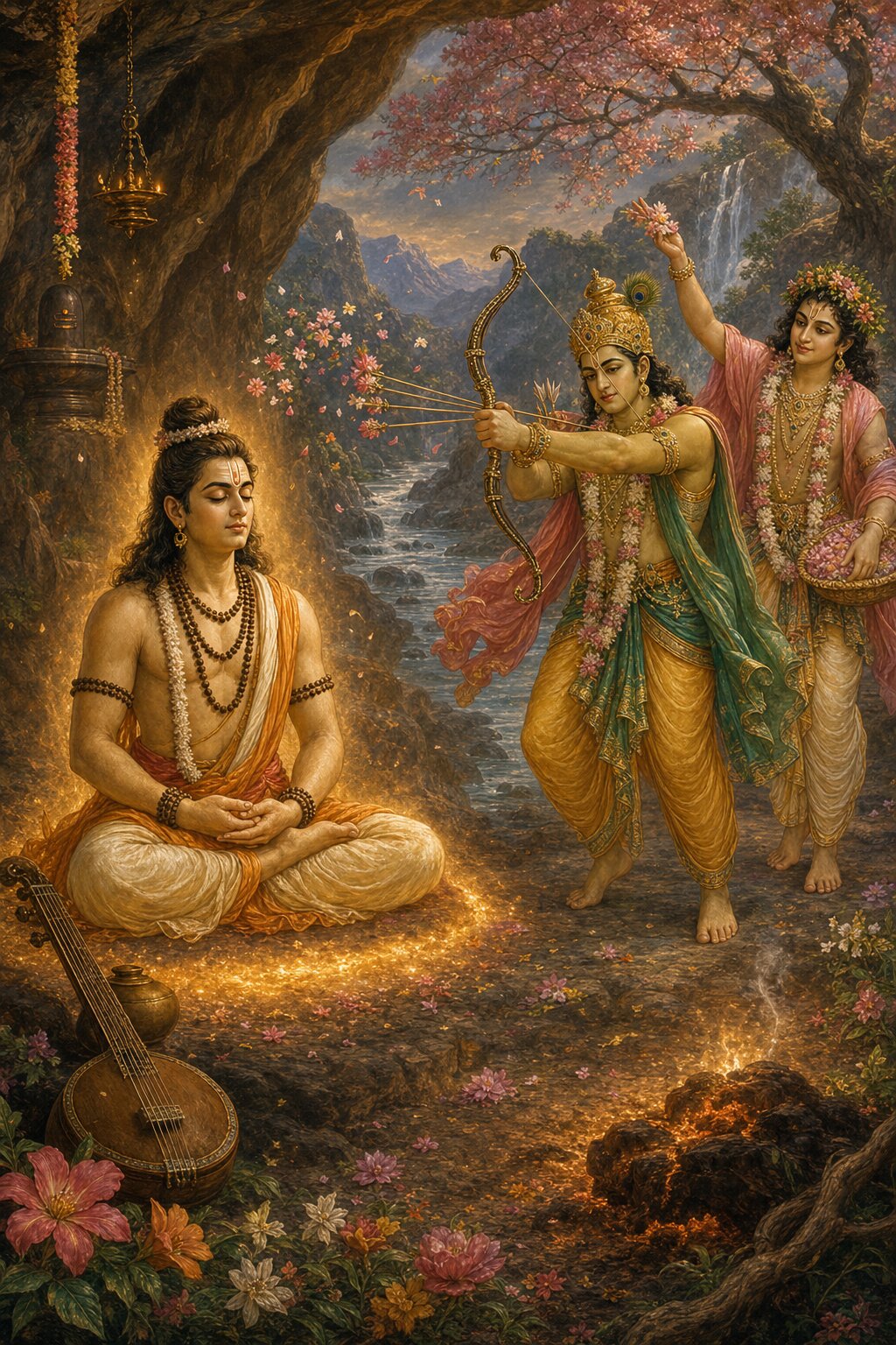 In a cave of the Malaya mountain, before Narada seated in deep samadhi, Kamadeva draws his bow while Vasanta scatters spring blossoms.