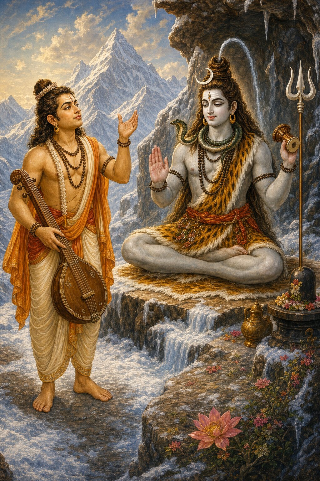 On the snowy peak of Kailasa, Narada with his vina recounts his victory to Shiva clad in a tiger skin, and Shiva raises a hand in counsel.