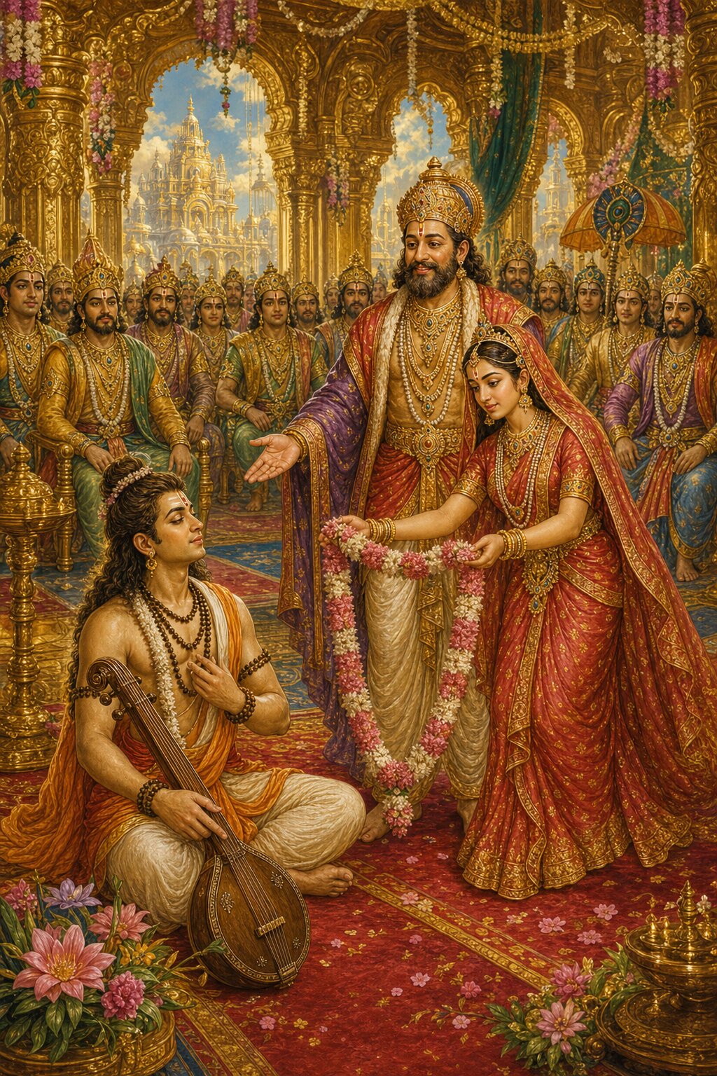 King Shilanidhi brings his daughter Shrimati, a garland in her hands, before Narada holding his vina, with many princes seated behind.
