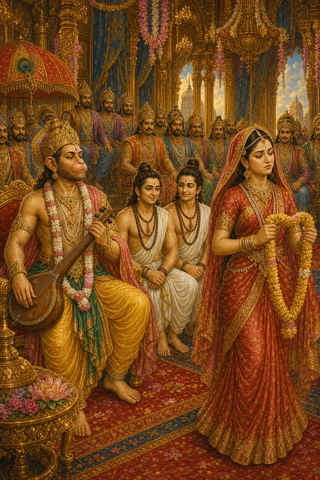 In the swayamvara hall, Narada with his vina wears a monkey's face, as Shrimati, holding the victory garland, passes him by without seeing him.