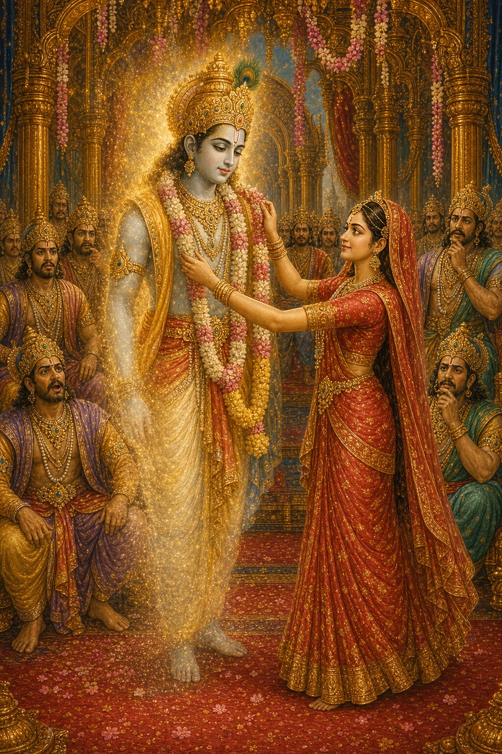 Princess Shrimati places the victory garland around the neck of Vishnu disguised as a king, with disappointed princes all around.