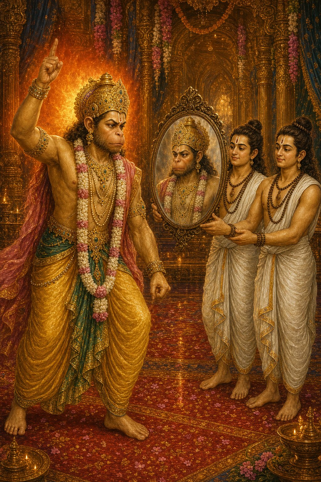Seeing his monkey face in a mirror, Narada in anger raises a finger and curses the two Shiva-ganas disguised as brahmins.