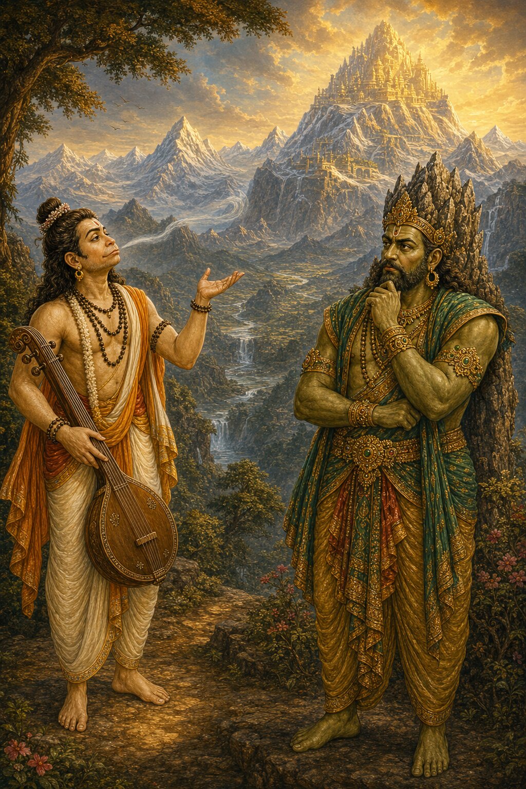 Narada, holding his vina, speaks with the mountain-king Vindhya about the height of Meru, snowy peaks and the golden Mount Meru behind them.