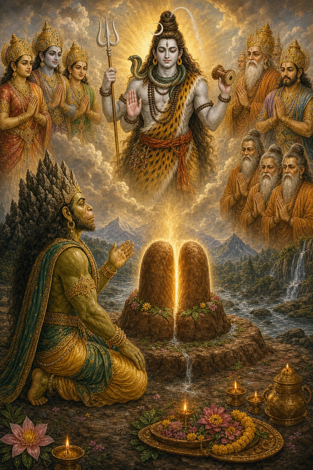 At the Omkara shrine Vindhya worships the Shivalinga now divided into two parts, Shiva manifest above, gods and sages offering praise.