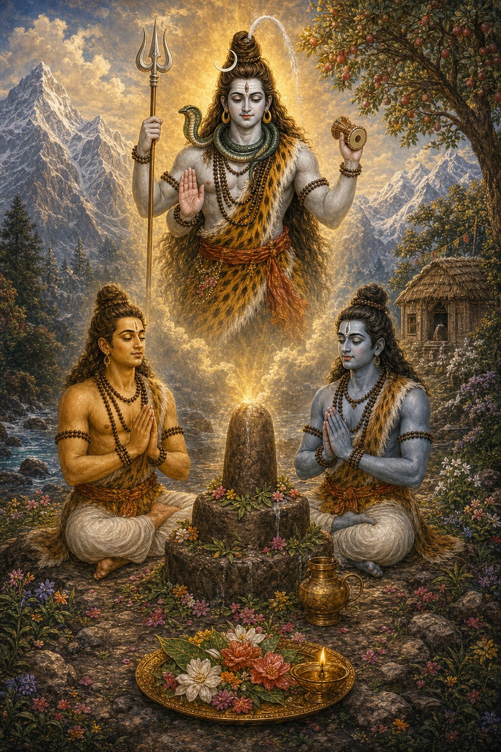 At Badarikashrama, Nara and Narayana worship the Shivalinga with folded hands, Lord Kedareshwar manifesting above.