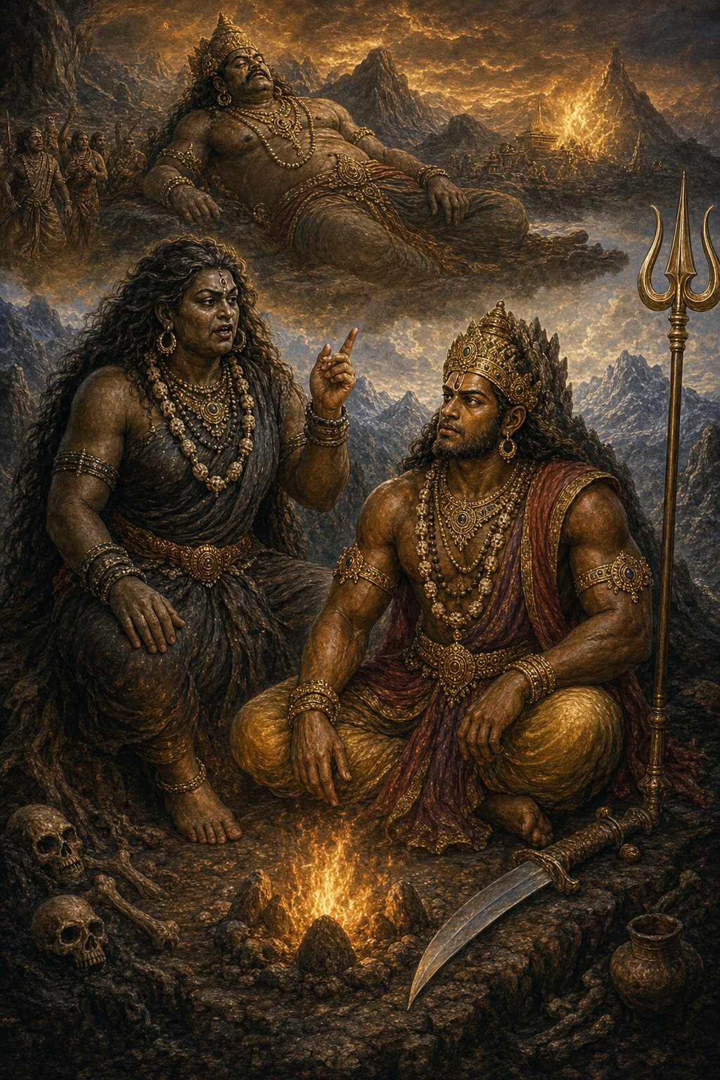 On the mountain the rakshasi Karkati tells her mighty son Bhima the story of his father Kumbhakarna, Kumbhakarna in the clouds above.