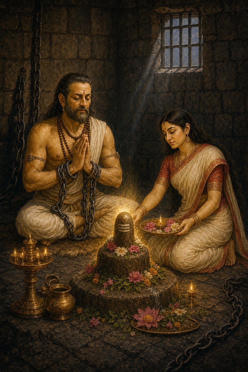 In prison, King Sudakshina and Queen Dakshina, bound in fetters, worship the earthen Shivalinga with devotion.