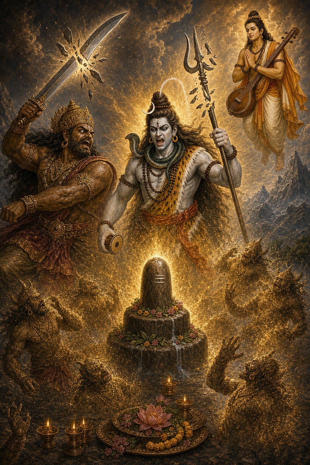 The wrathful Bhimashankar, manifest from the Shivalinga, breaks the rakshasa Bhima's sword, the rakshasa host burning to ash, Narada praying above with his vina.