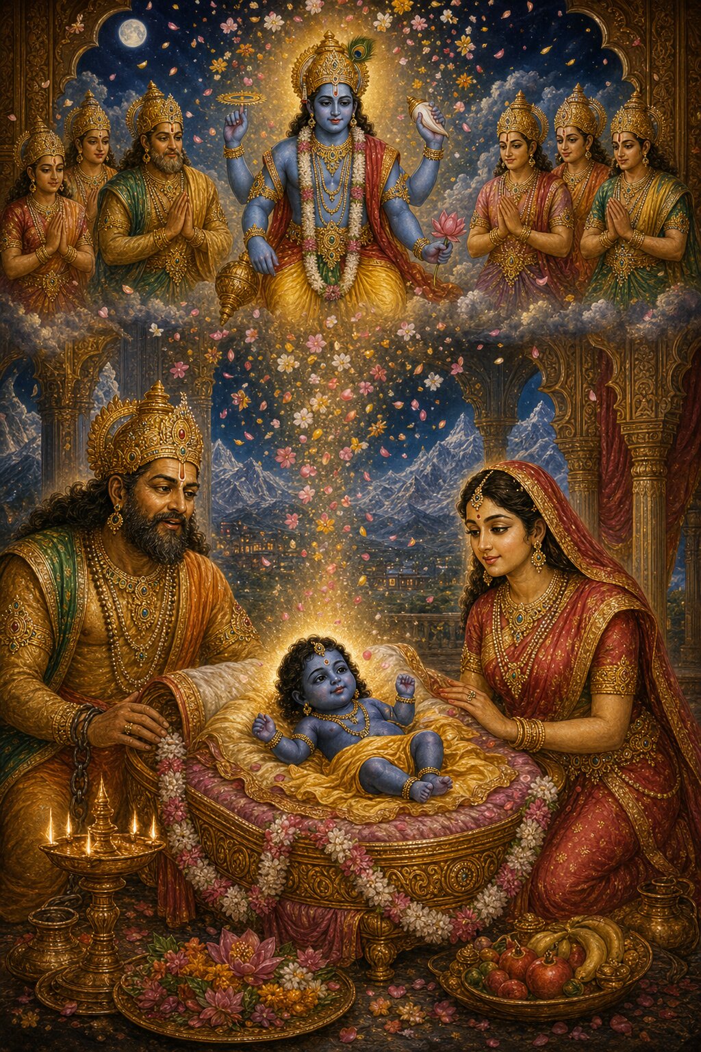 Before Himavan and Mena, the dark-hued divine girl Shiva appears in a cradle, while above in the clouds Vishnu and the other gods take darshan.