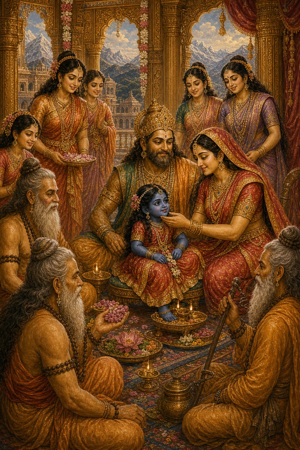 The child Parvati in the lap of the mountain king Himavan, Mena caressing her face, while the sages perform the naming rite at an auspicious hour.