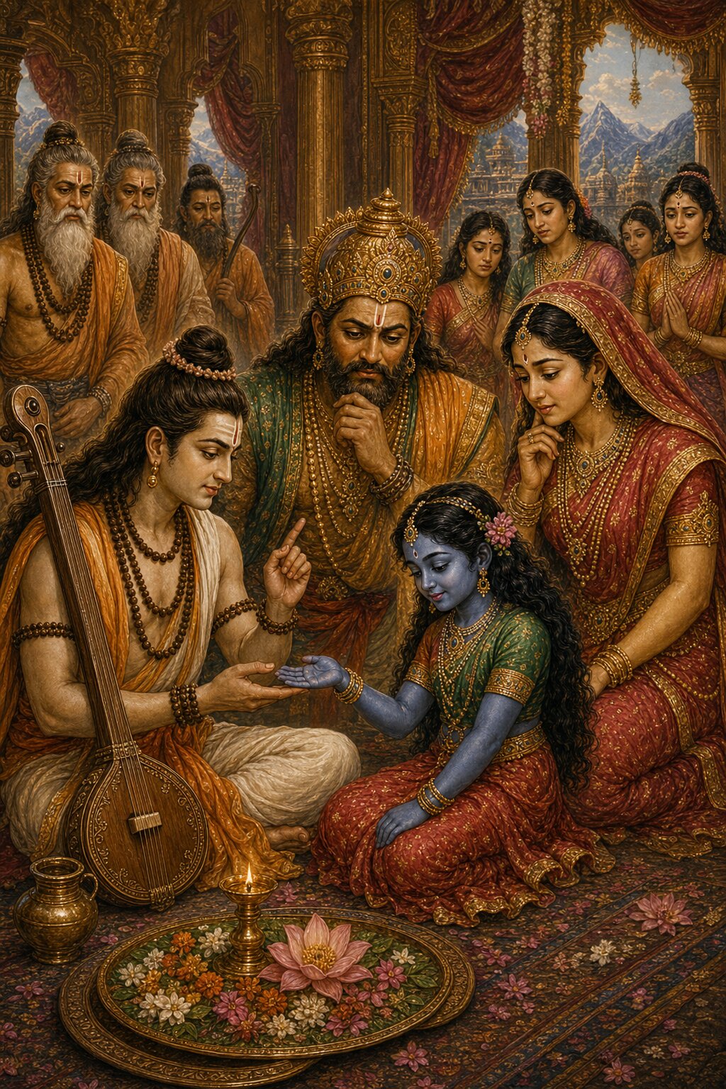 Narada, holding his vina, reads the palm of the child Parvati and foretells her future, while the anxious Himavan and Mena listen nearby.