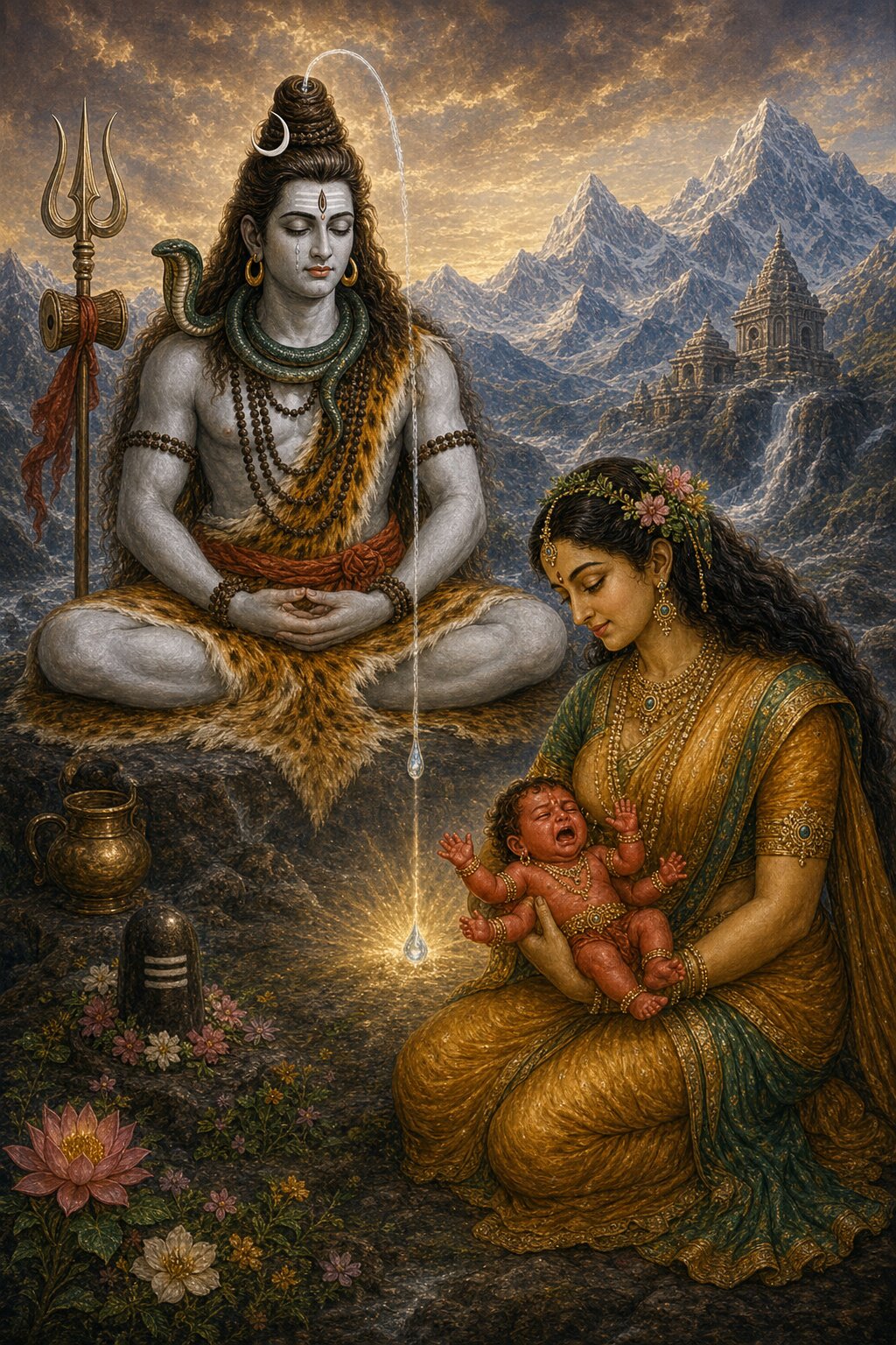 A drop of sweat fallen from the brow of Shiva in samadhi becomes a red infant, whom the Earth, in the form of a woman, takes into her lap.