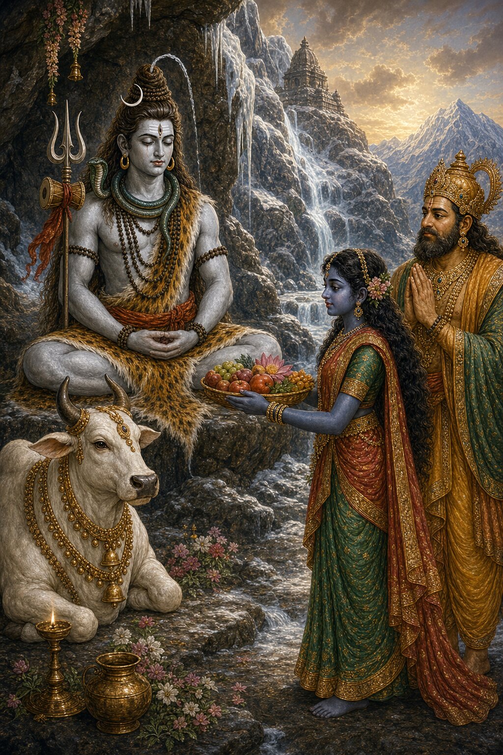 Parvati offers a platter of fruits to Shiva absorbed in austerity, Nandi seated nearby and the mountain king Himavan standing with folded hands.