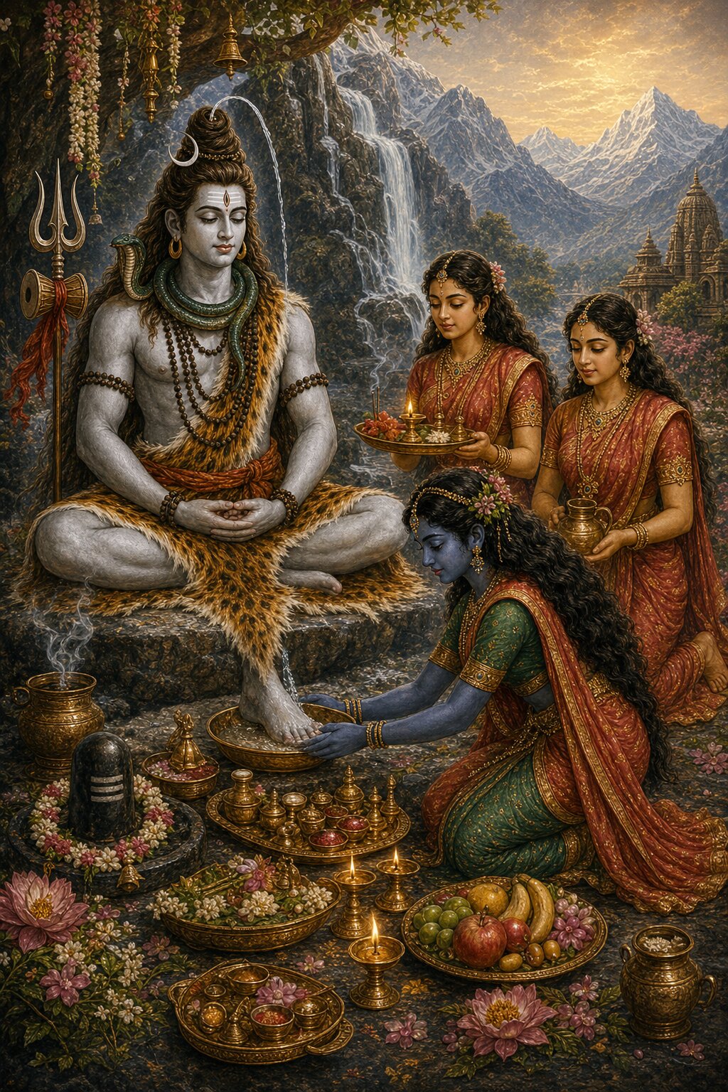 Parvati washes the feet of Shiva absorbed in samadhi, two companions behind her holding a worship-platter and a water-pot, a Shivalinga adorned with flowers before them.
