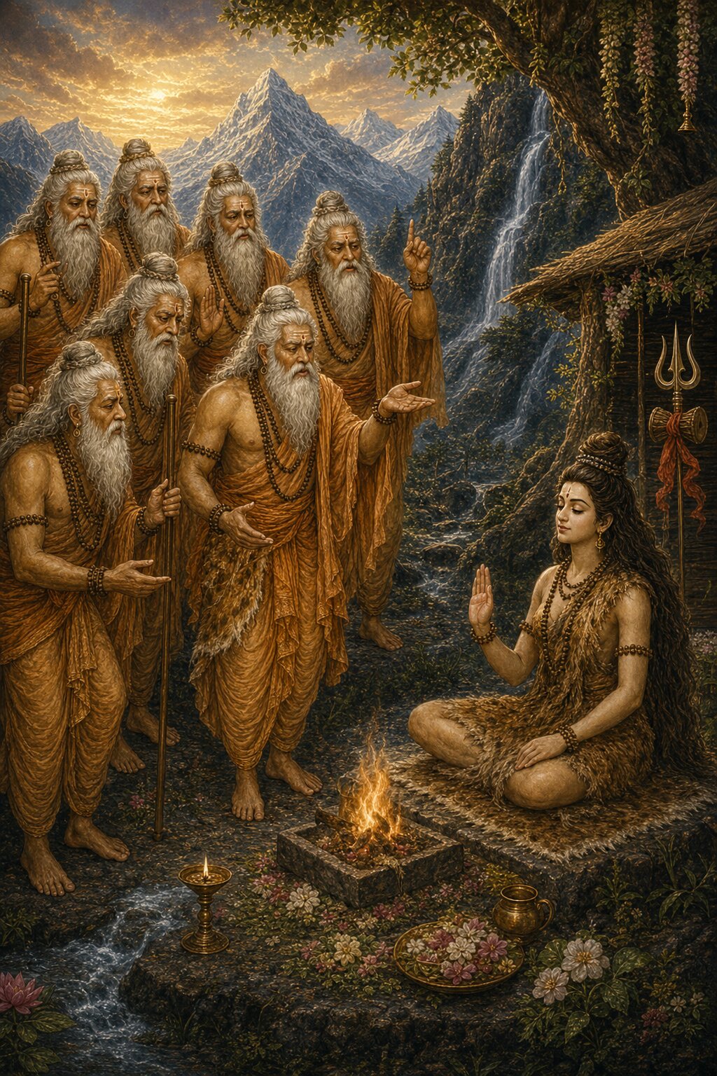 In ascetic's garb, Parvati sits among the sages beside the fire-offering, a waterfall pouring down from the mountain.