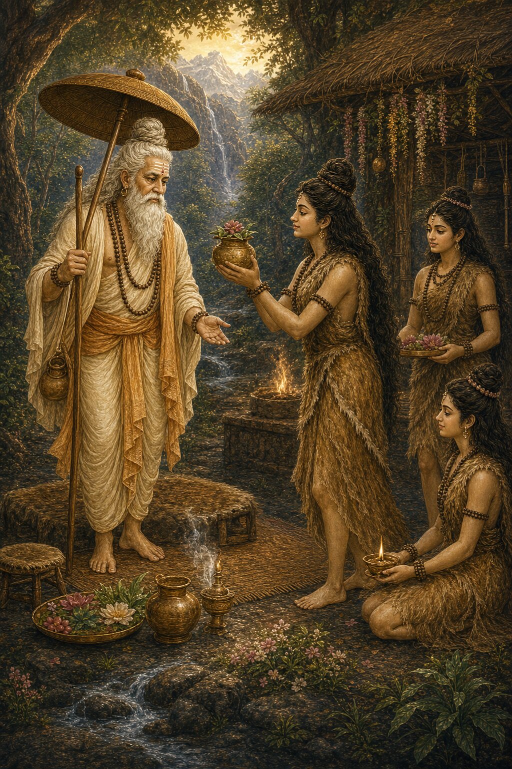 Parvati offers a water oblation to Shiva, who has come disguised as a matted-hair brahmin, while a companion stands beside her holding a lamp.