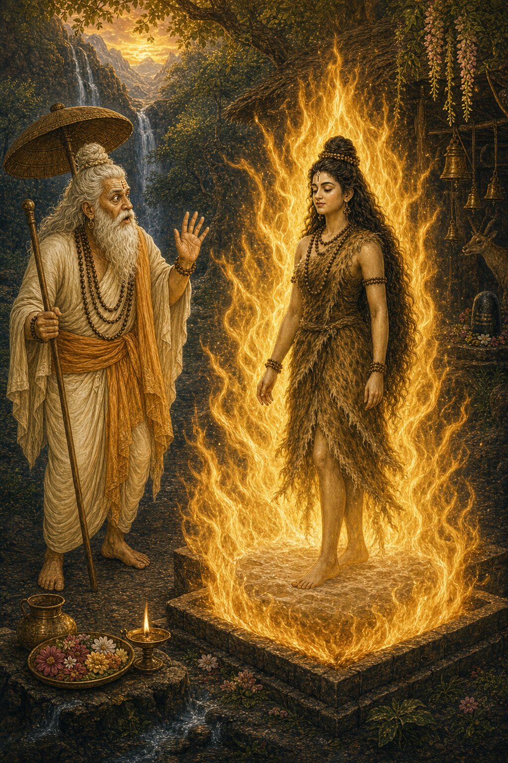 Parvati the ascetic stands amid blazing flames, while beside her the old brahmin with a parasol tries to hold her back.