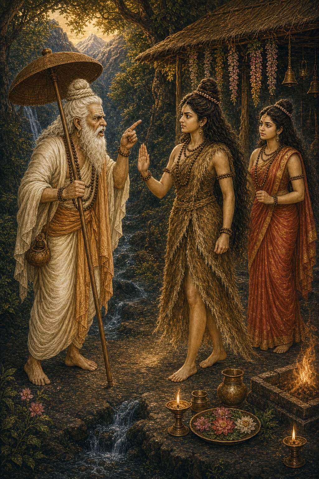 The old brahmin raises a finger and slanders Shiva, while Parvati and her companion listen.