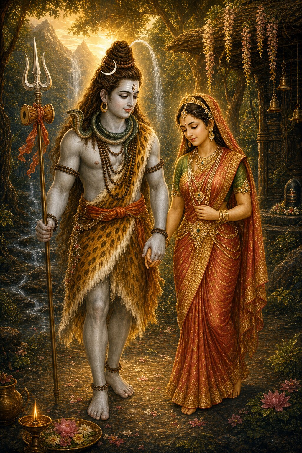 Casting off the brahmin's disguise, Shiva reveals himself in his true form, while Parvati stands close by, bashful.