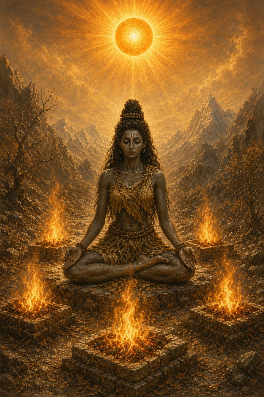 Parvati absorbed in deep meditation, performing the five-fire austerity amid blazing fires on every side and the burning sun above.