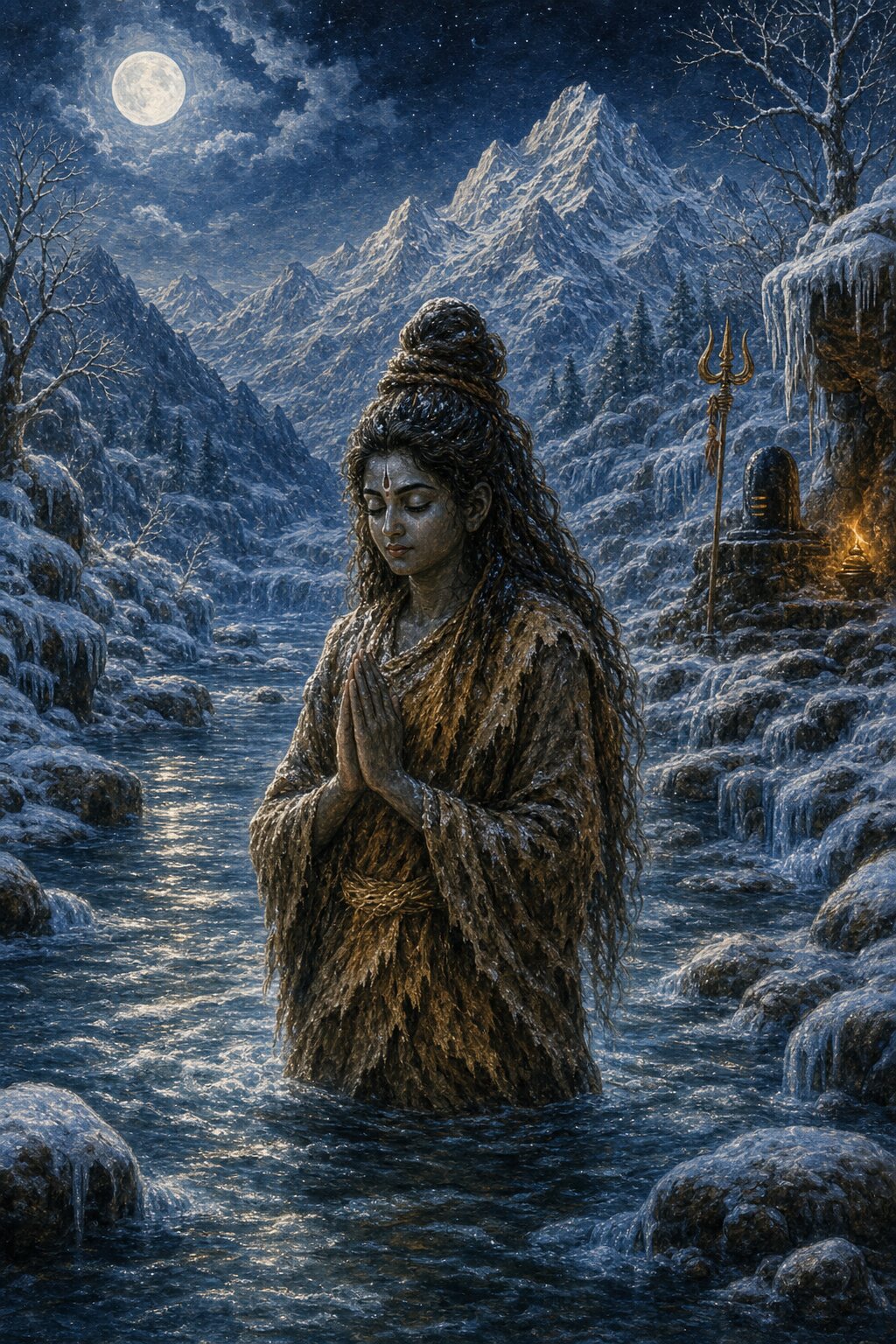 Parvati performing austerity on a cold night, standing in a stream of icy meltwater with her hands joined.