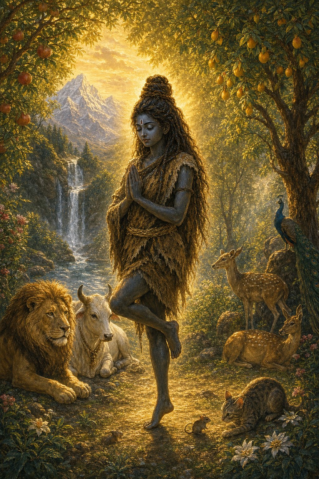 Parvati performing austerity in the forest, living on leaves, with a lion, a cow, and a deer sitting fearless nearby.