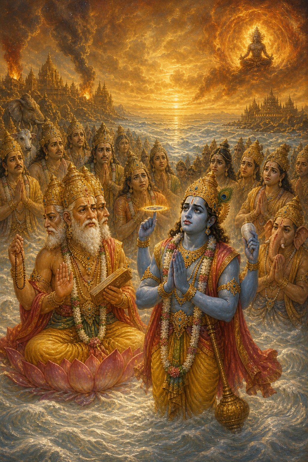 The gods and the sages, along with four-armed Vishnu, praying for the boon Parvati seeks.
