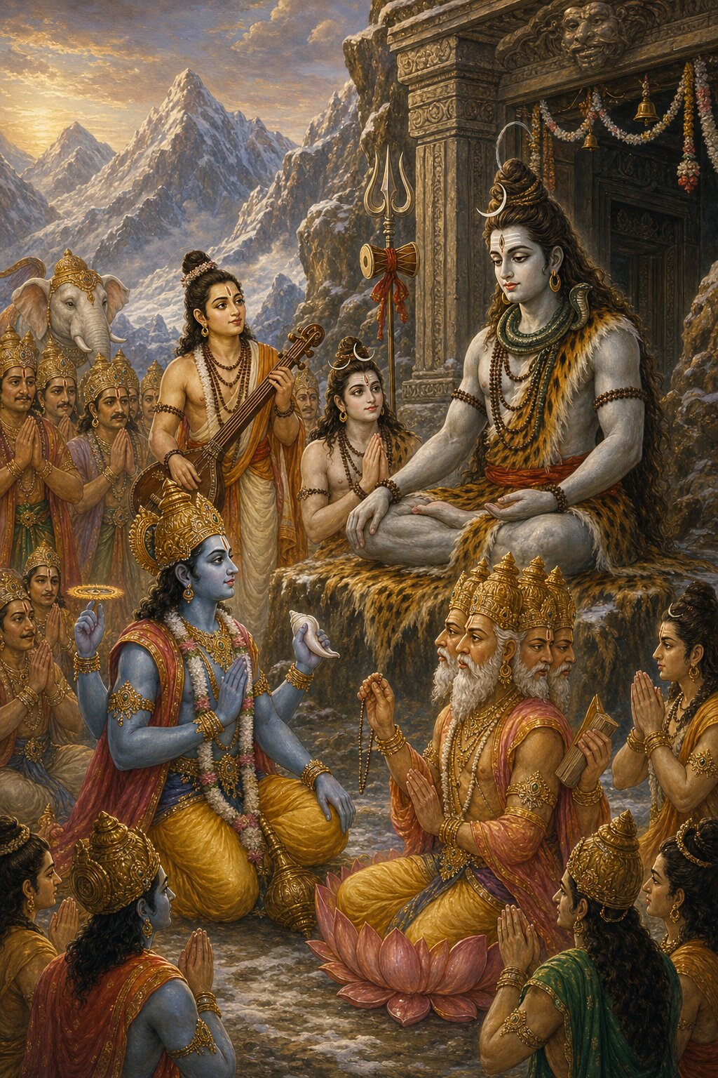 Vishnu and the gods approaching Shiva, seated on a rock, with their prayer for Parvati's marriage.