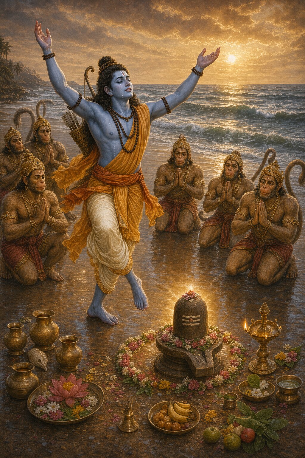 Having fashioned an earthen linga on the wet sand, Sri Rama worships it with the sixteen rites and, overcome with love, dances with his arms lifted, calling out Jaya Shankara, the vanaras behind him with folded hands.