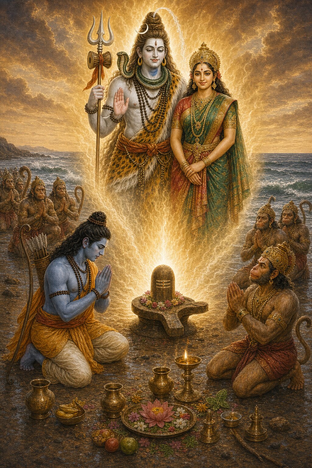 The radiant Maheshwara, appearing above the earthen linga with Parvati at his left side, grants a boon to Sri Rama, who bows low with folded hands, as the linga becomes the Rameshwar jyotirlinga.