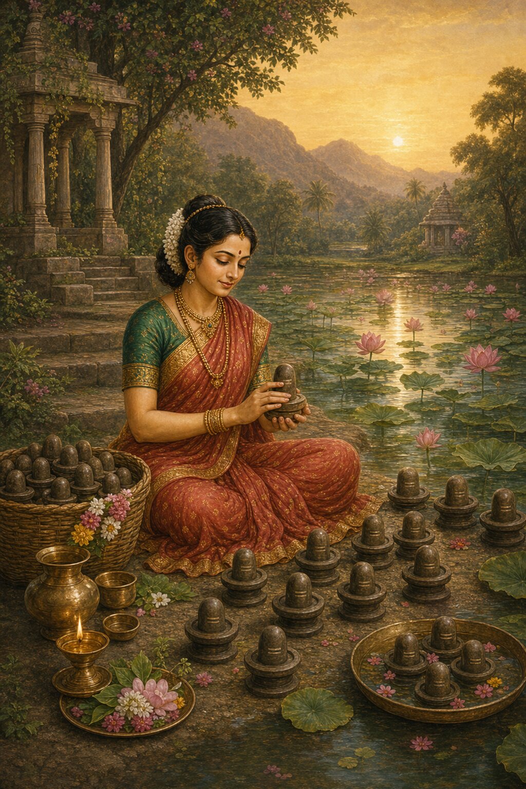 At the foot of Revagiri, seated on the bank of a lotus lake, Ghushma with a serene face makes shivalingas of clay, worships them, and releases them into the water as she does each day.