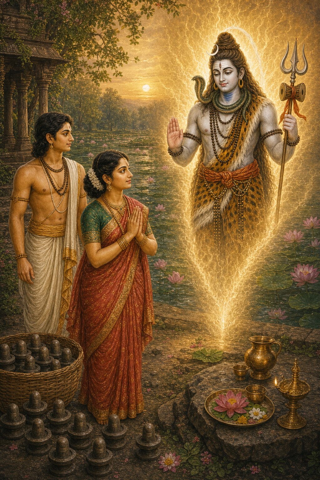 Her worship complete and unshaken even by her son's murder, Ghushma releases a linga into the water and sees her son standing alive, while before her Maheshwara, in his form of pure light, appears to grant a boon.