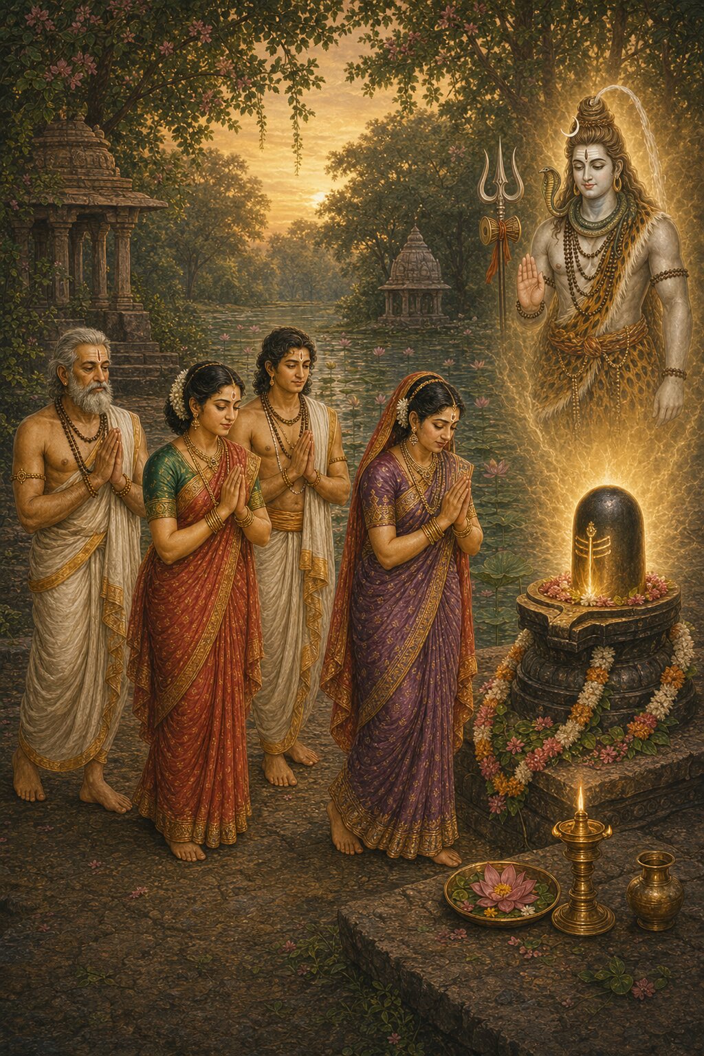 At the lake that has become Shivalaya, Sudharma, Ghushma, and a shamefaced Sudeha, hands folded, walk the sunwise circuit around Shiva fixed in the form of the Ghushmeshwar jyotirlinga, the revived son nearby.