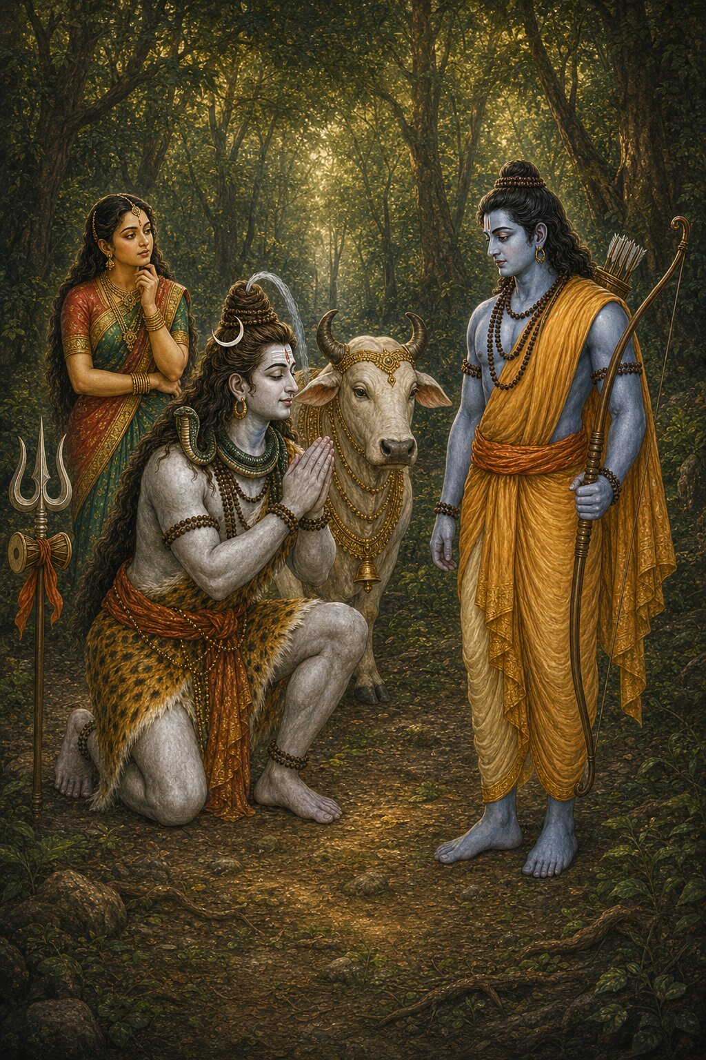 Shiva, worshipped by all the gods, bows to the forest-dwelling Rama with folded hands and devout joy, while Sati, standing a little apart, fills with wonder and doubt at the sight.