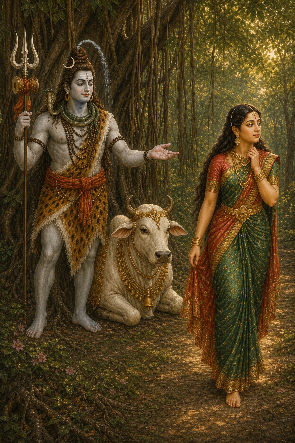 Beneath a great banyan tree, Shiva, wearing a faint smile, signals to Sati to go and test Rama herself, and the doubt-ridden Sati turns down the forest path.